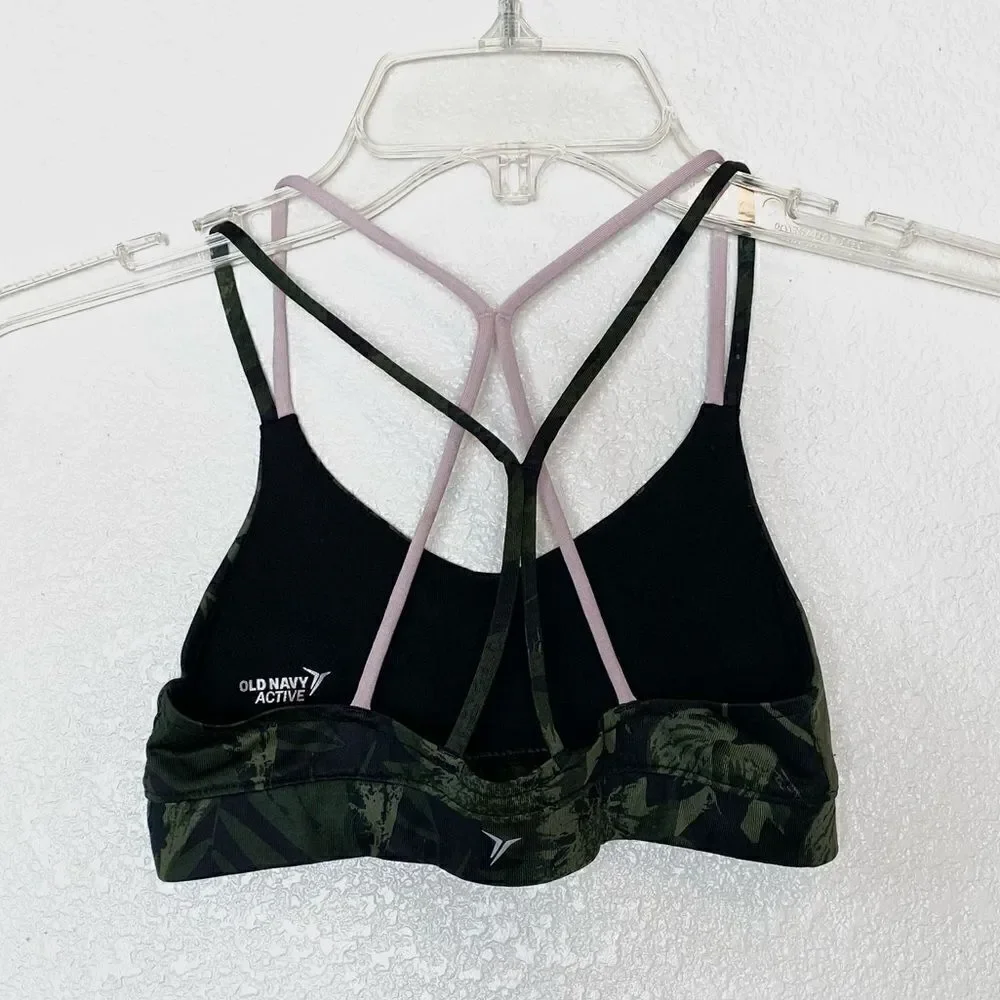 Old Navy Active Go Dry Green Leaf Pattern Camo Strappy Sportsbra